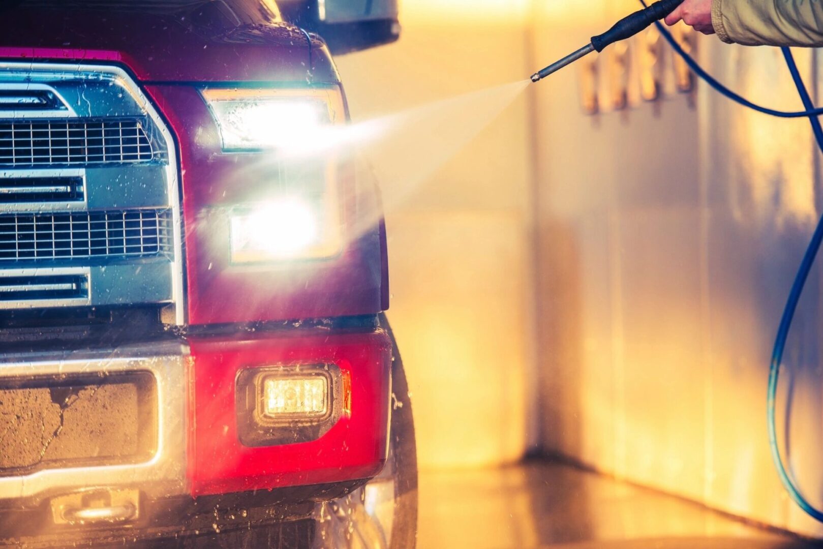 A truck is being sprayed with water on the street.